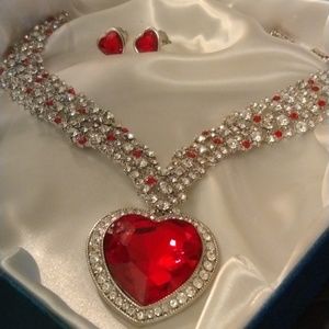 Stainless Steel Red Heart Diamond Necklace Set
